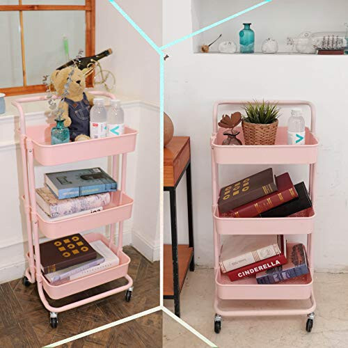 Piowio 3 Tier Utility Rolling Cart Multifunction Organizer Shelf Storage Cart with 3 Pieces Cups and 8 Pieces Hooks for Home Kitchen Bathroom Laundry Room Office Store etc. (Pink) - 4