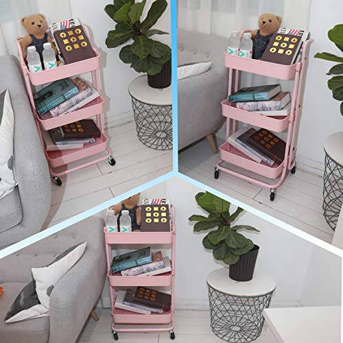 Piowio 3 Tier Utility Rolling Cart Multifunction Organizer Shelf Storage Cart with 3 Pieces Cups and 8 Pieces Hooks for Home Kitchen Bathroom Laundry Room Office Store etc. (Pink) - 6