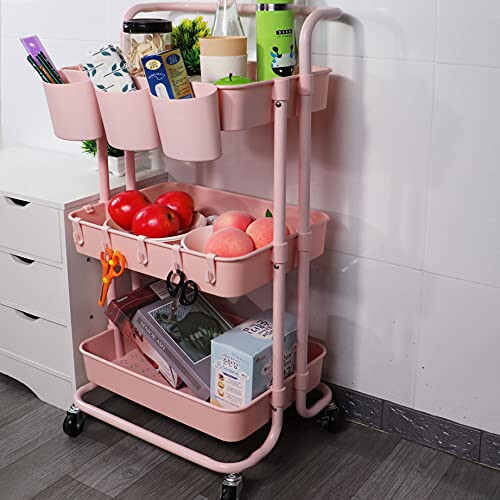 Piowio 3 Tier Utility Rolling Cart Multifunction Organizer Shelf Storage Cart with 3 Pieces Cups and 8 Pieces Hooks for Home Kitchen Bathroom Laundry Room Office Store etc. (Pink) - 7