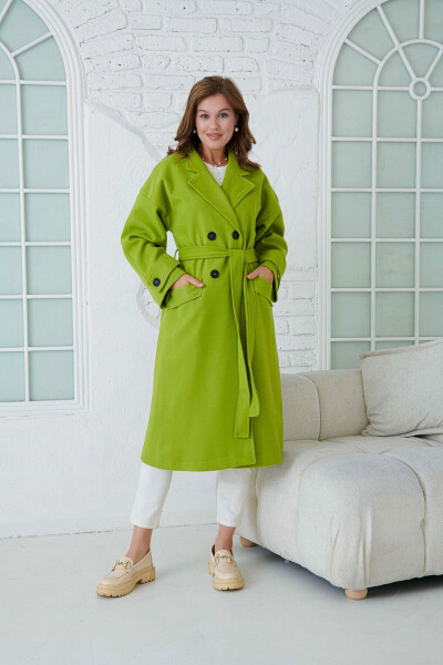 Pistachio green, double-breasted, buttoned, belted, long-sleeved, dropped shoulder, lined coat. - 2