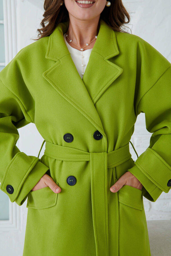 Pistachio green, double-breasted, buttoned, belted, long-sleeved, dropped shoulder, lined coat. - 3