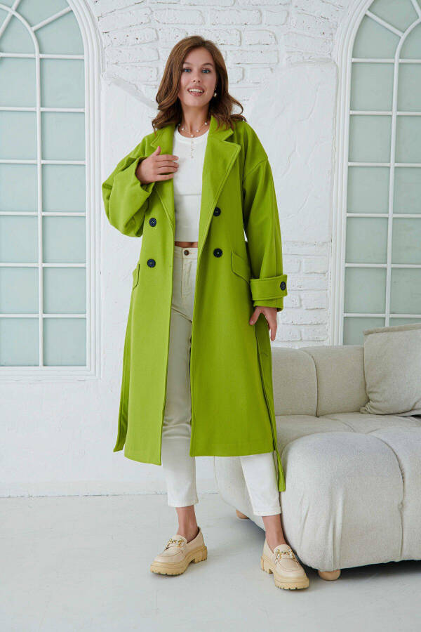 Pistachio green, double-breasted, buttoned, belted, long-sleeved, dropped shoulder, lined coat. - 5