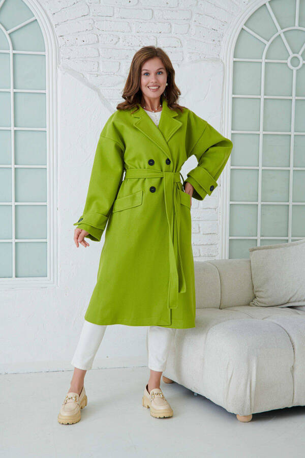 Pistachio green, double-breasted, buttoned, belted, long-sleeved, dropped shoulder, lined coat. - 6