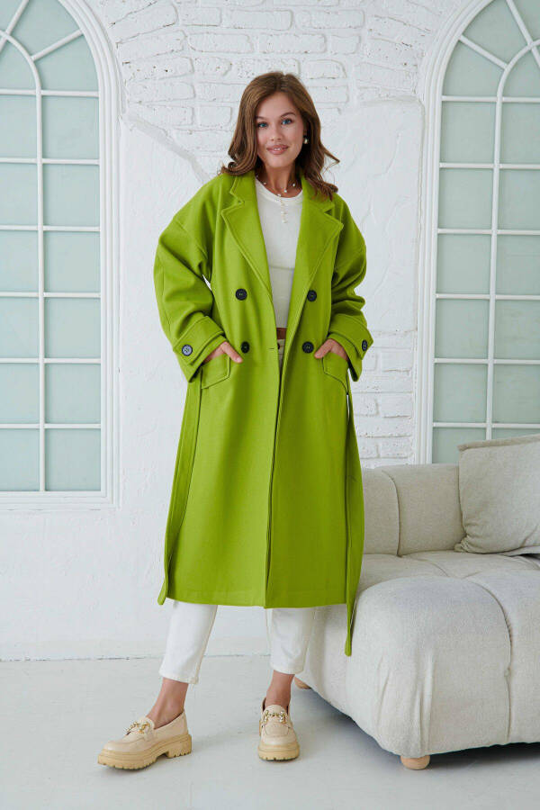 Pistachio green, double-breasted, buttoned, belted, long-sleeved, dropped shoulder, lined coat. - 7