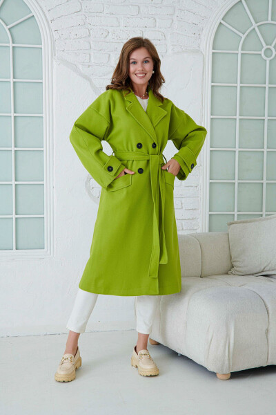 Pistachio green, double-breasted, buttoned, belted, long-sleeved, dropped shoulder, lined coat. - 8