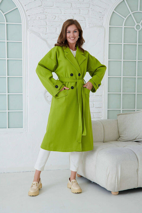 Pistachio green, double-breasted, buttoned, belted, long-sleeved, dropped shoulder, lined coat. - 8