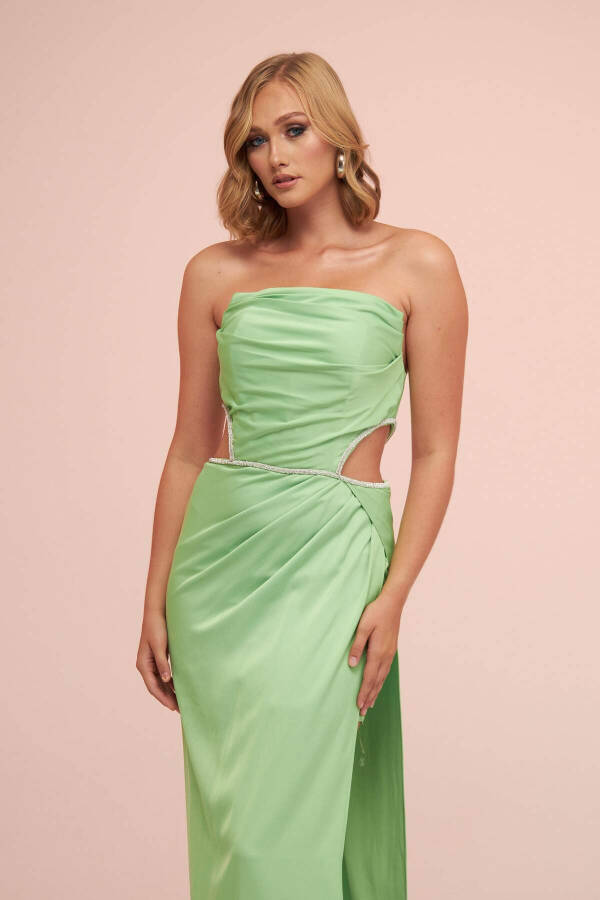 Pistachio Green Satin Strapless Side Slit Long Evening Dress - 2