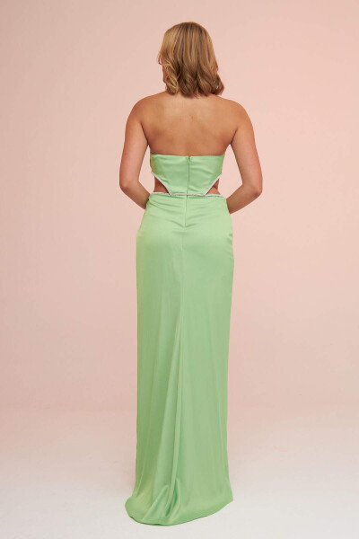 Pistachio Green Satin Strapless Side Slit Long Evening Dress - 4