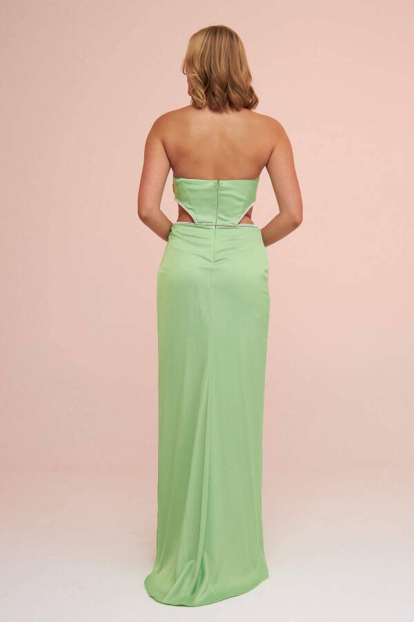 Pistachio Green Satin Strapless Side Slit Long Evening Dress - 9