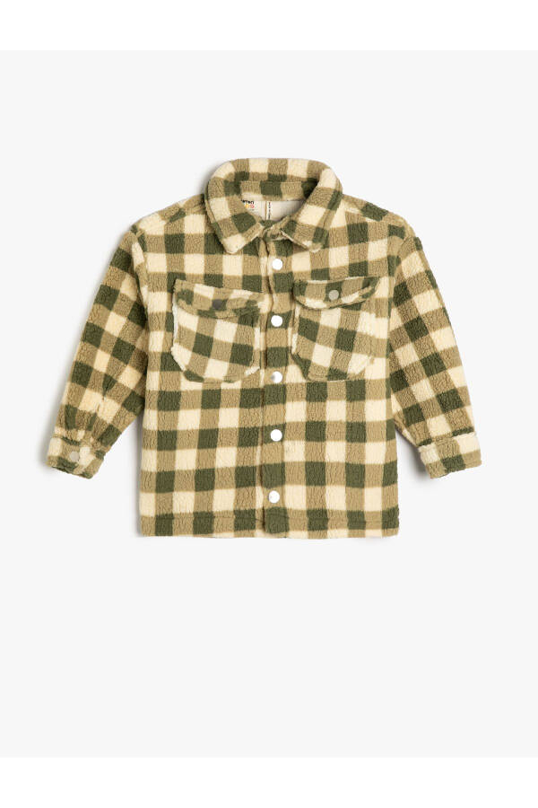 Plaid plush shirt jacket with pockets. - 4