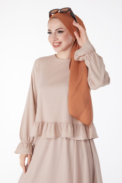 Plain Crew Neck Beige Squirrel Blouse + Skirt Set for Women - 25263 - 16