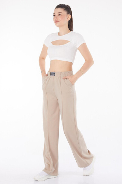 Plain Mid-Rise Women's Beige Sweatpants - 25854 - 1