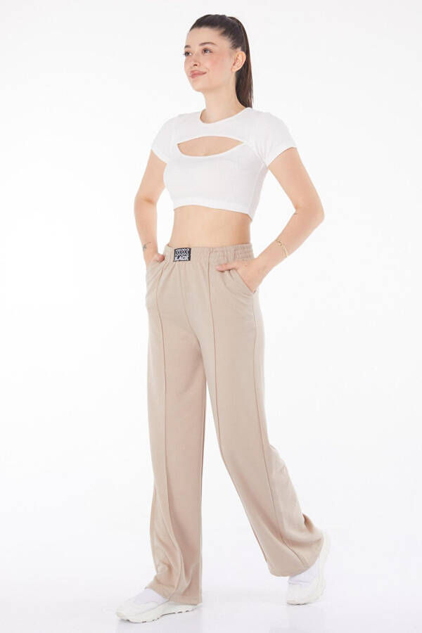 Plain Mid-Rise Women's Beige Sweatpants - 25854 - 1