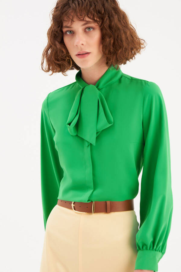 Plain Shirt with Tie Neck - Green - 2