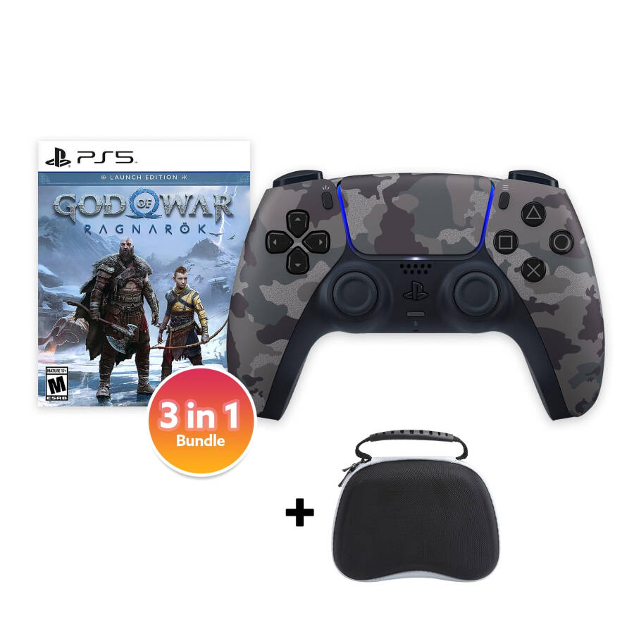 PlayStation 5 DualSense Controller Gray Camouflage with God of War Ragnarok and Mytrix Hard Shell Controller Protective Case - 3 in 1 Bundle for PS5 - 1