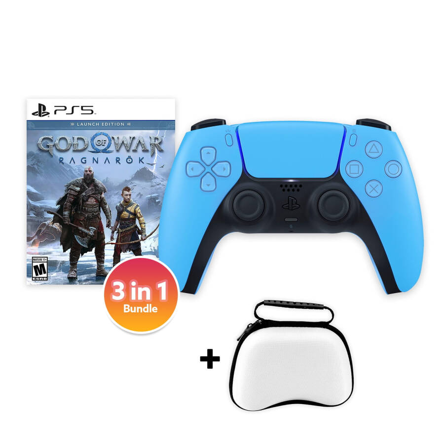 PlayStation 5 DualSense Controller Starlight Blue with God of War Ragnarok and Mytrix Hard Shell Controller Protective Case - 3 in 1 Bundle for PS5 - 1