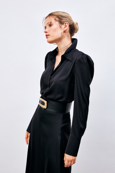 Pleated Satin Shirt - Black - 7