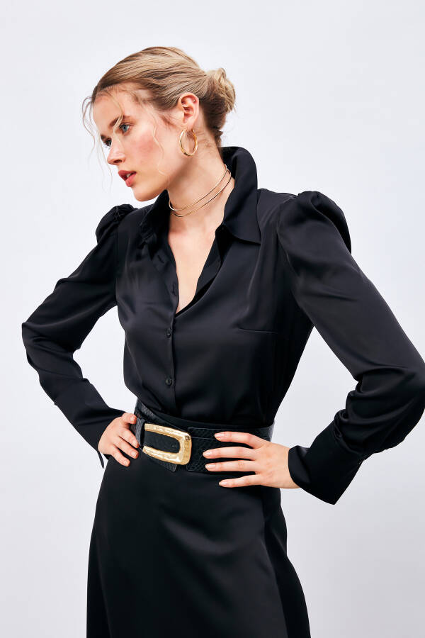 Pleated Satin Shirt - Black - 8