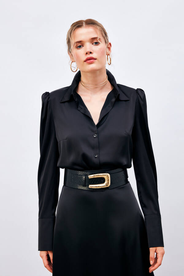 Pleated Satin Shirt - Black - 9