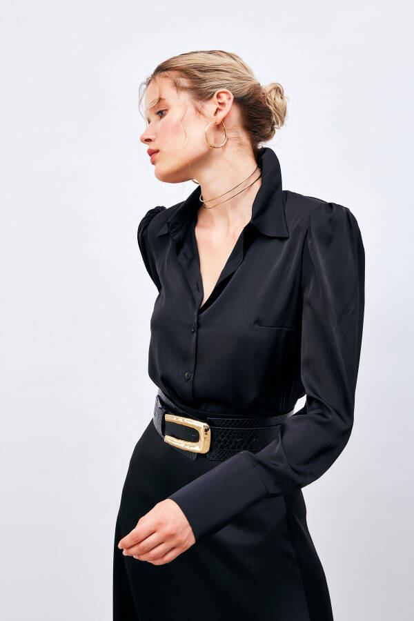 Pleated Satin Shirt - Black - 1