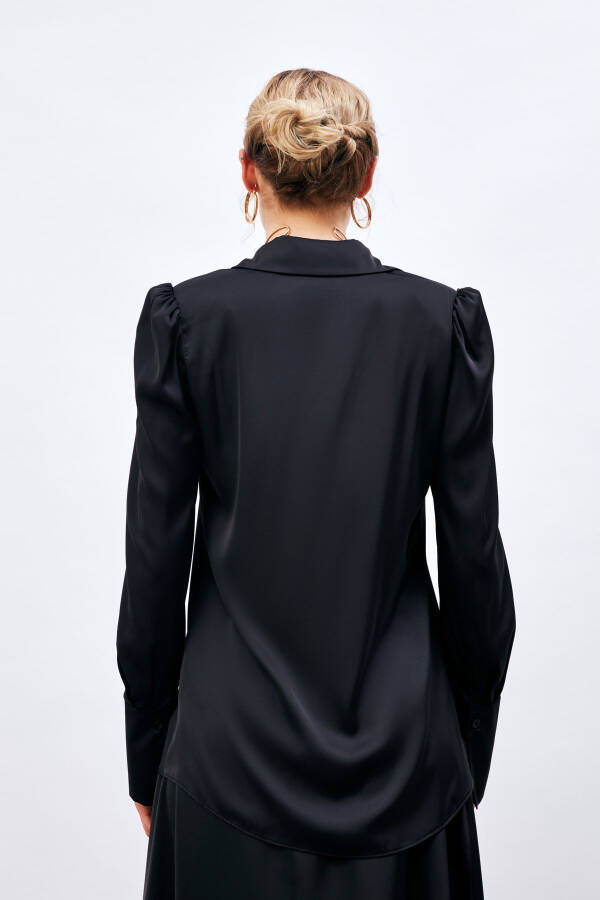 Pleated Satin Shirt - Black - 5