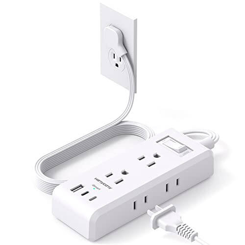 Плоская вилка сетевой розетки, ультратонкий удлинитель, 6 розеток 3 USB порта (2 USB C), 5-футовый удлинитель с несколькими розетками с настенным креплением без защиты от скачков напряжения для общежития, круиза, путешествий - 1