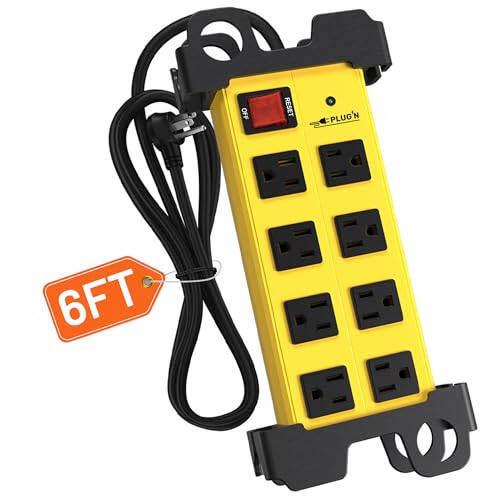 Plug'n 8 Outlet Heavy Duty Power Strip,Wide Spacing,Workshop Surge Protector 2700J with 6FT Extension Cord,Industrial Metal Power Strip 15Amp,Yellow Wall Mount Power for Garage,Office - 1