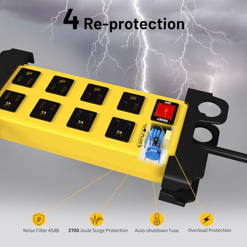 Plug'n 8 Outlet Heavy Duty Power Strip,Wide Spacing,Workshop Surge Protector 2700J with 6FT Extension Cord,Industrial Metal Power Strip 15Amp,Yellow Wall Mount Power for Garage,Office - 3