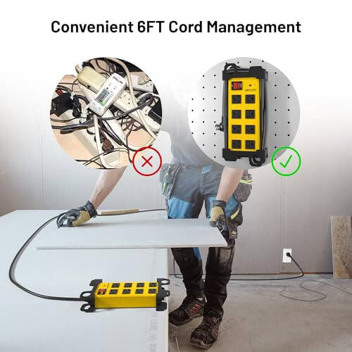 Plug'n 8 Outlet Heavy Duty Power Strip,Wide Spacing,Workshop Surge Protector 2700J with 6FT Extension Cord,Industrial Metal Power Strip 15Amp,Yellow Wall Mount Power for Garage,Office - 6