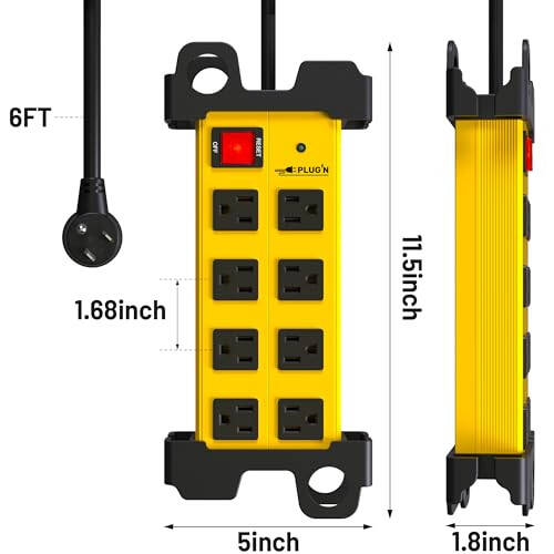 Plug'n 8 Outlet Heavy Duty Power Strip,Wide Spacing,Workshop Surge Protector 2700J with 6FT Extension Cord,Industrial Metal Power Strip 15Amp,Yellow Wall Mount Power for Garage,Office - 7