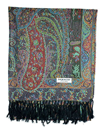 Plum Feathers Tapestry Ethnic Paisley Pattern Pashmina Shawl Scarf, Womens Pashmina Shawl Wrap with Fringes - 3