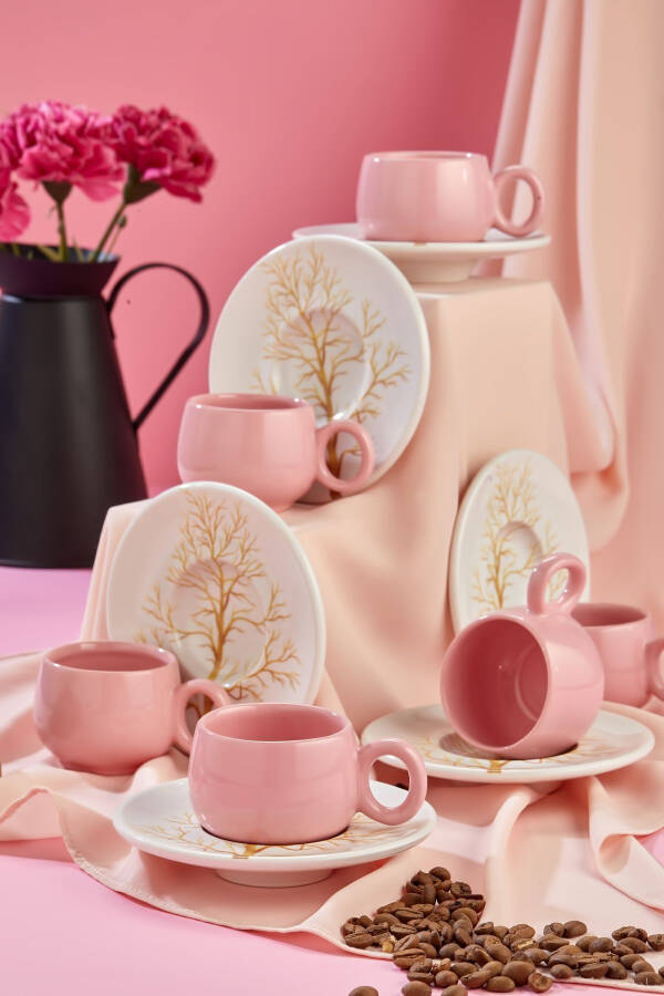 Plump Golden Tree Design 12 Pieces Luxury Ceramic 6 Person Coffee Cup Set, Pink Coffee Cup - 1