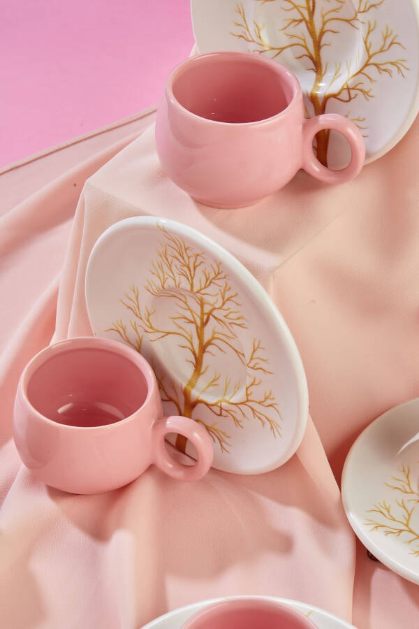 Plump Golden Tree Design 12 Pieces Luxury Ceramic 6 Person Coffee Cup Set, Pink Coffee Cup - 3