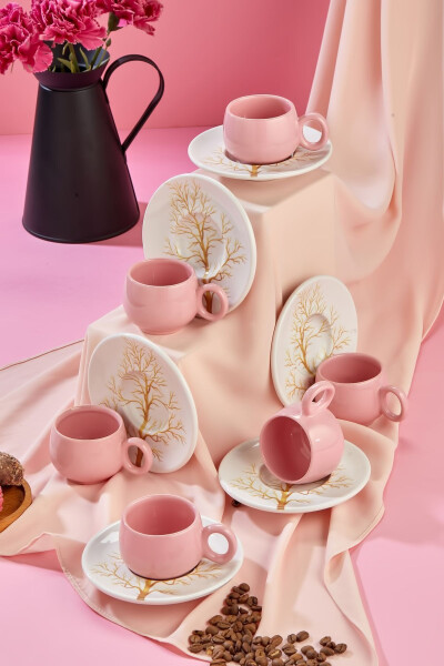 Plump Golden Tree Design 12 Pieces Luxury Ceramic 6 Person Coffee Cup Set, Pink Coffee Cup - 4