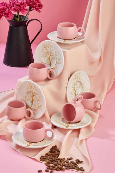 Plump Golden Tree Design 12 Pieces Luxury Ceramic 6 Person Coffee Cup Set, Pink Coffee Cup - 6