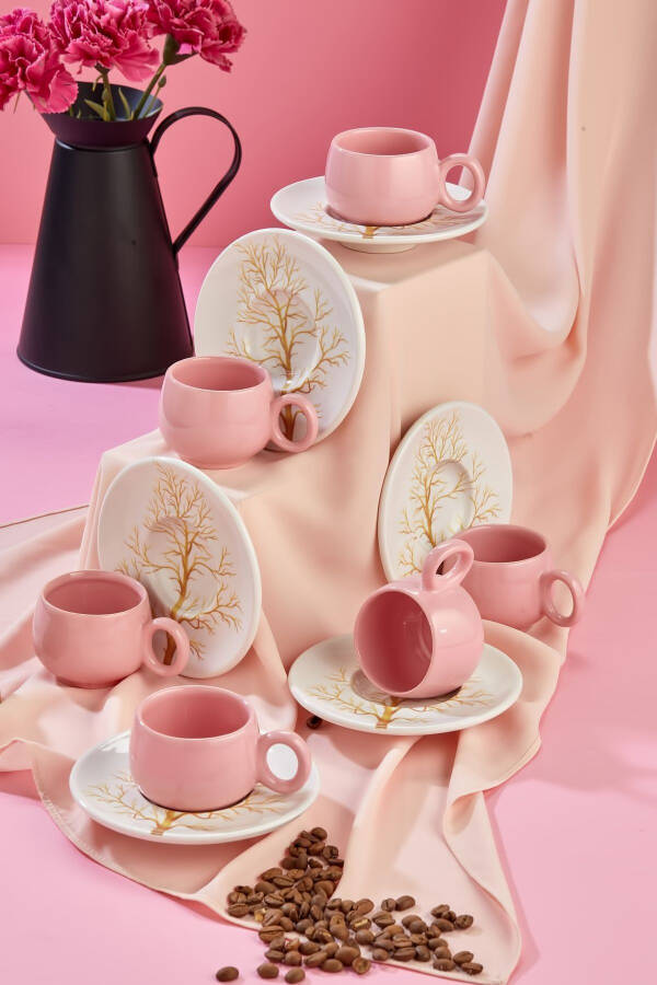 Plump Golden Tree Design 12 Pieces Luxury Ceramic 6 Person Coffee Cup Set, Pink Coffee Cup - 6