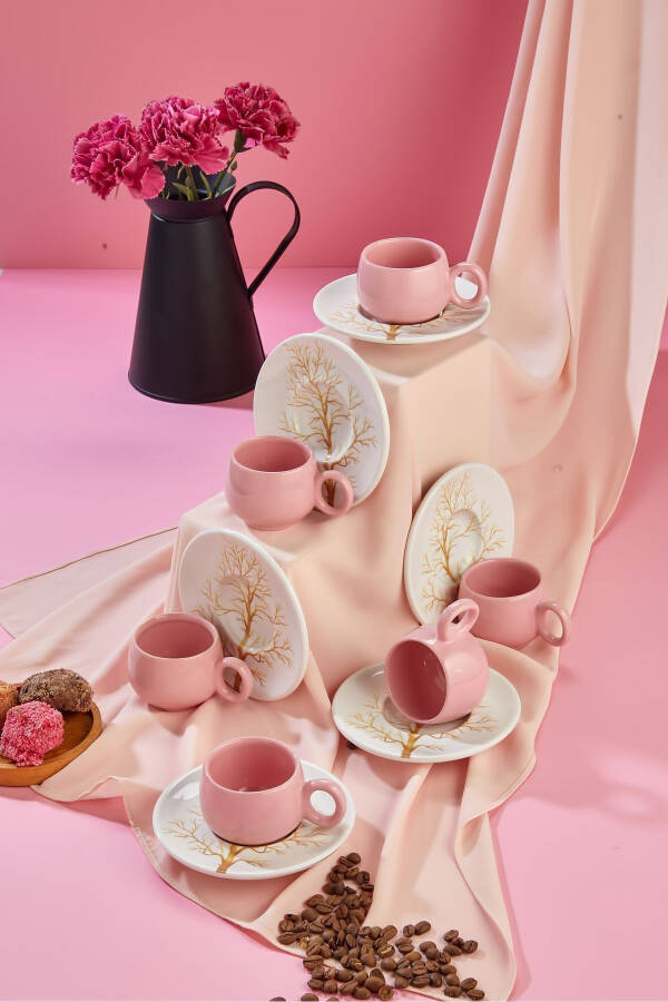 Plump Golden Tree Design 12 Pieces Luxury Ceramic 6 Person Coffee Cup Set, Pink Coffee Cup - 7