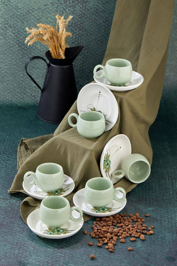 Plump Green Artless 12 Piece Luxury Ceramic 6 Person Coffee Cup Set, Green Coffee Cup - 1