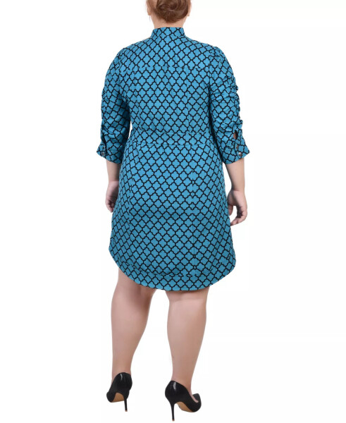 Plus Size 3/4 Rouched Sleeve Dress with Belt Harbor Blue Black Quatrefoil - 2