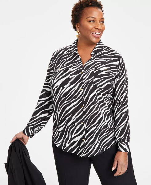 Plus Size Animal Print Collared Button Front Top, Created for Modazone Heather Zebra - 1