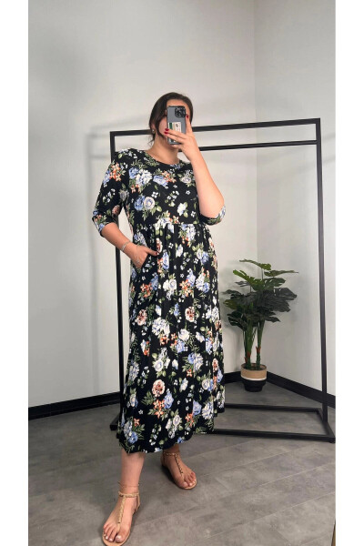 Plus Size Bicycle Collar Lantern Sleeve Pocket Floral Long Dress 173306 - 1