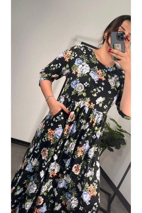 Plus Size Bicycle Collar Lantern Sleeve Pocket Floral Long Dress 173306 - 2