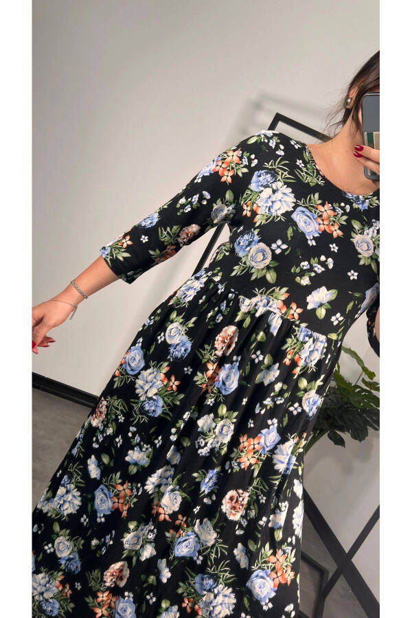 Plus Size Bicycle Collar Lantern Sleeve Pocket Floral Long Dress 173306 - 4