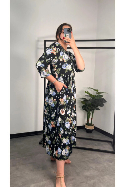 Plus Size Bicycle Collar Lantern Sleeve Pocket Floral Long Dress 173306 - 5