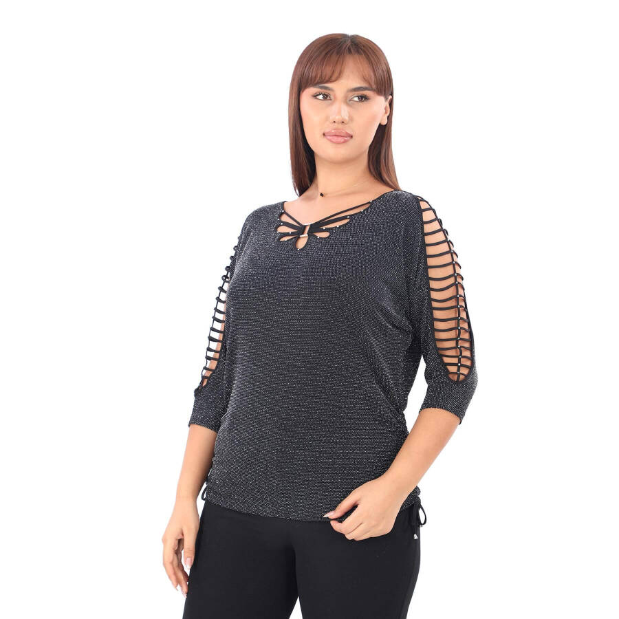 Plus size, black, stone detailed, dropped shoulder, crew neck blouse. - 1