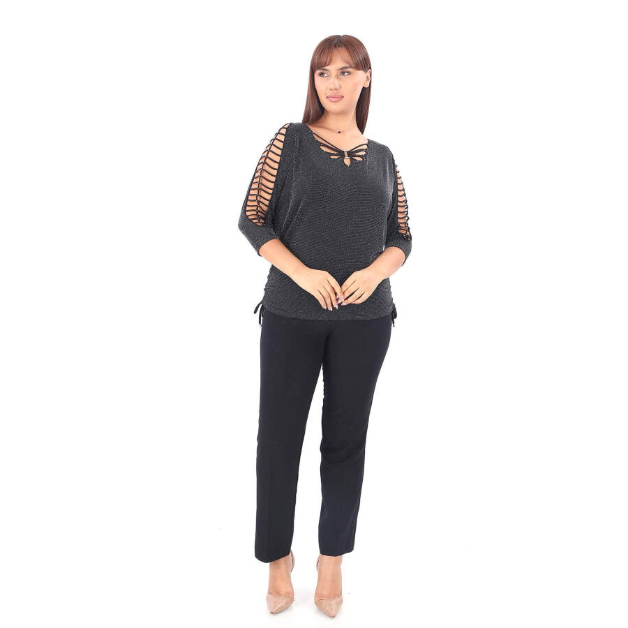 Plus size, black, stone detailed, dropped shoulder, crew neck blouse. - 3