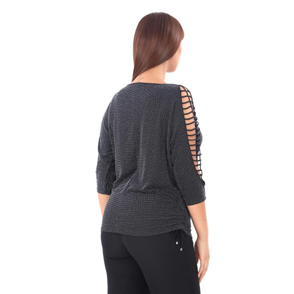 Plus size, black, stone detailed, dropped shoulder, crew neck blouse. - 4