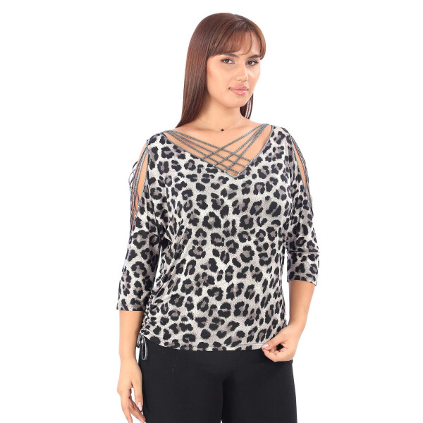 Plus size blouse with leopard print, cross-over detail on sleeves and neckline, embellished with stones. - 2