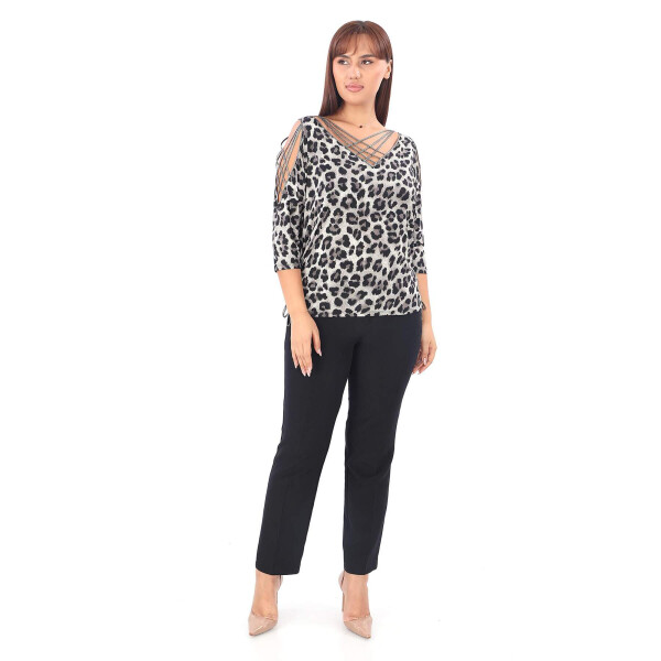 Plus size blouse with leopard print, cross-over detail on sleeves and neckline, embellished with stones. - 3