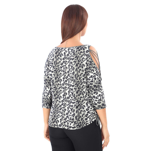 Plus size blouse with leopard print, stone detail, cross-over sleeves and collar. - 4